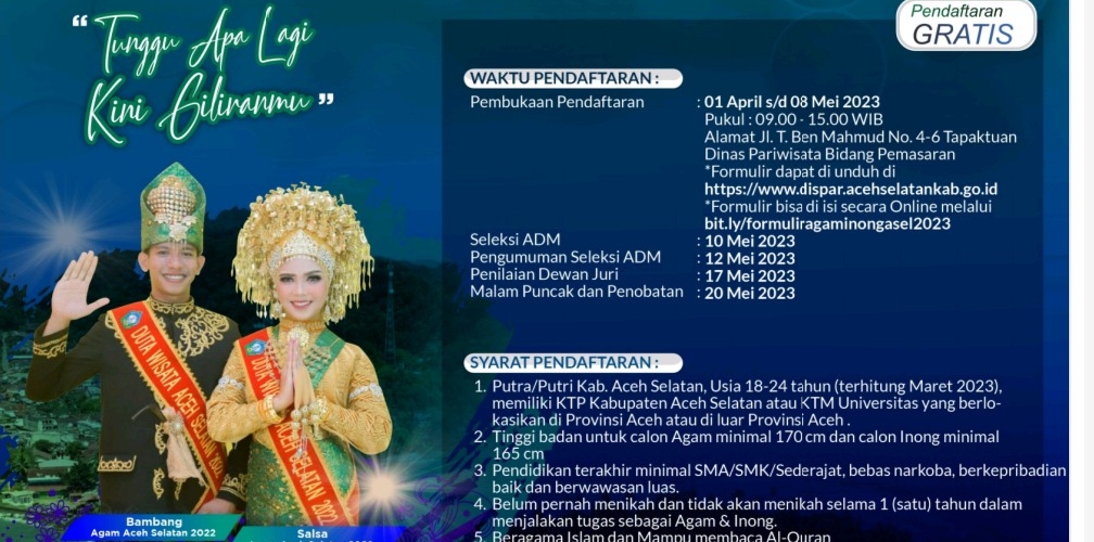 Dinas Pariwisata Aceh Selatan Kembali Buka Pendaftaran Pemilihan Duta Wisata