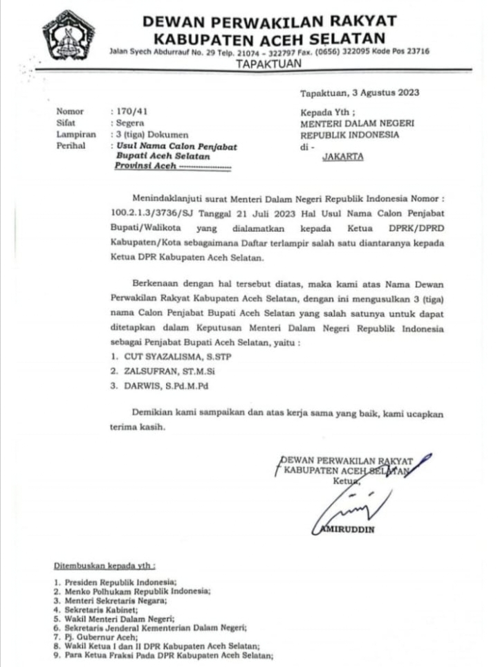 LSM Minta Tiga Nama Calon PJ yang Diusulkan DPRK Aceh Selatan jangan di Politisir