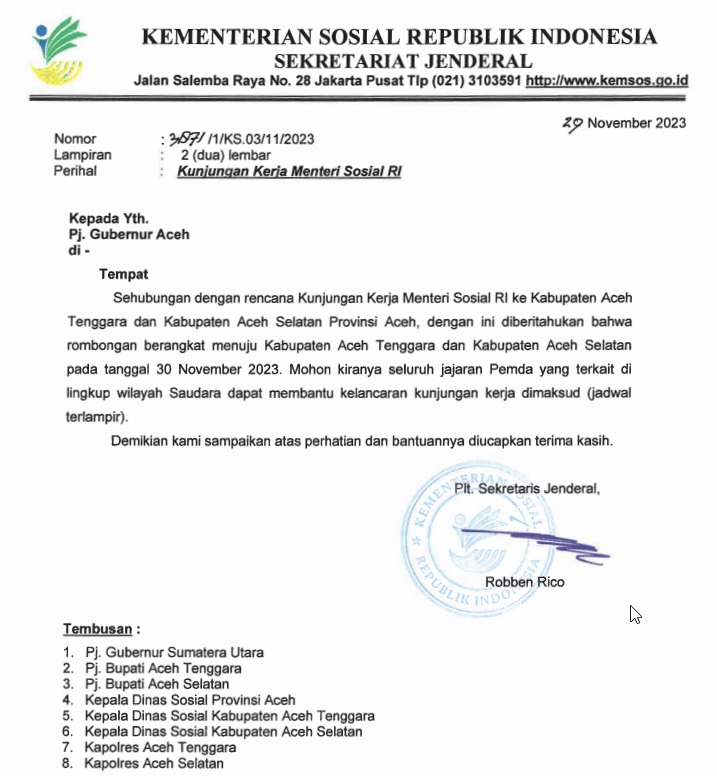 Berikut Jadwal Kunjungan Menteri Sosial RI Ke Aceh Selatan, Jumat 1 Desember 2023