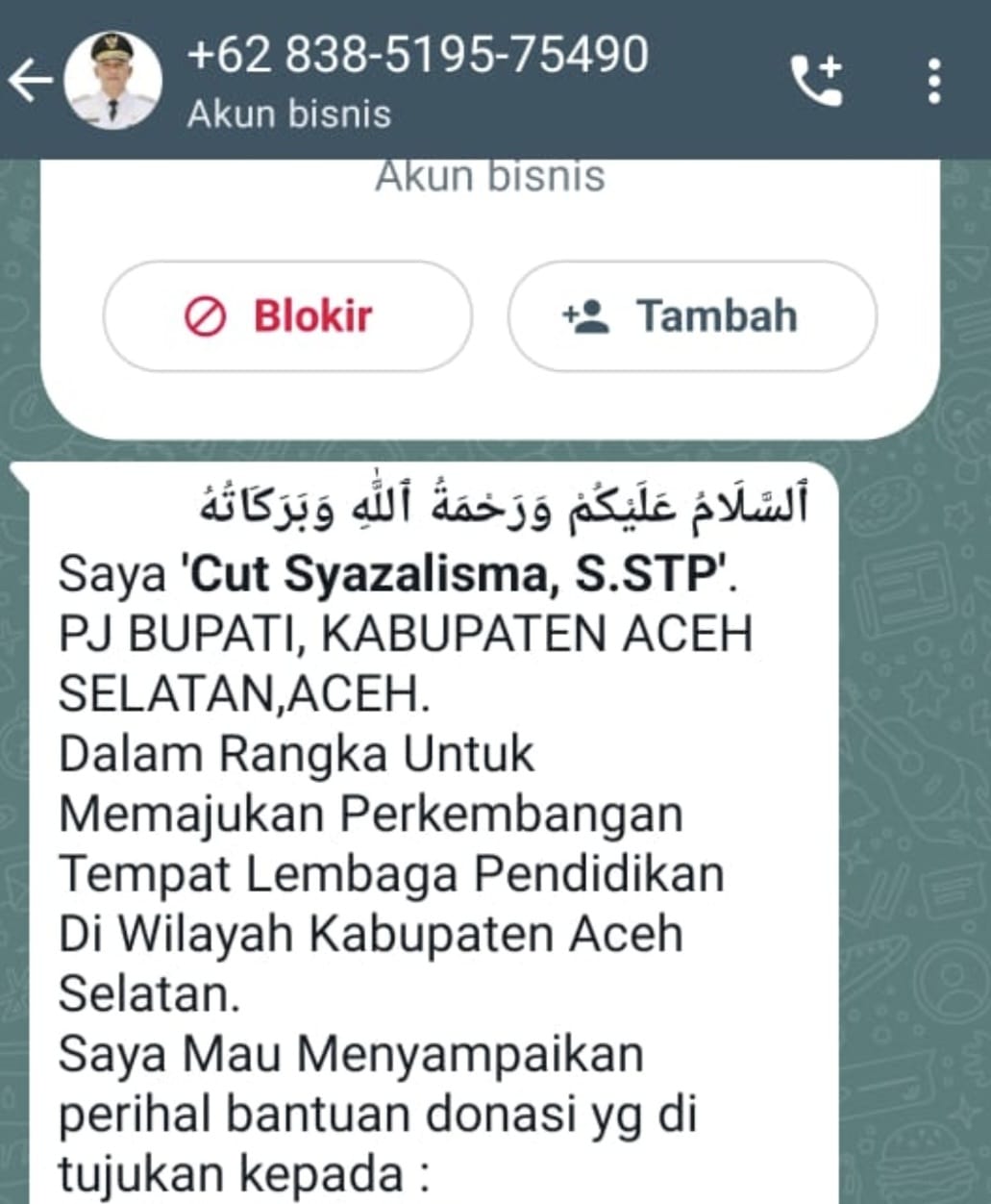 Hati – Hati, Oknum Catut Nama dan Foto Pj. Bupati Aceh Selatan Melalui WA, Mengaku Salurkan Donasi