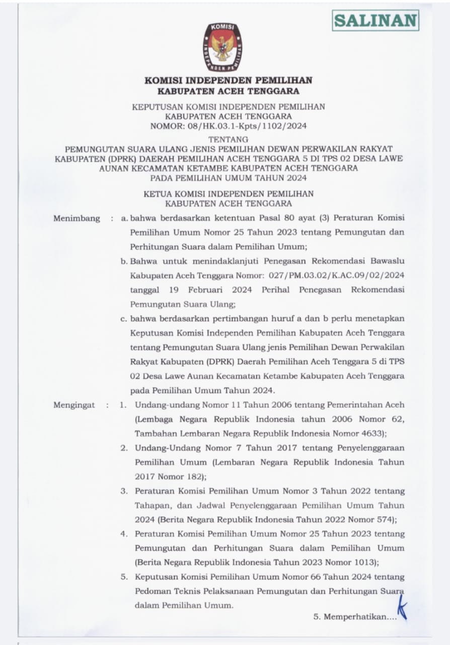 KIP Agara: Sabtu Akan Gelar PSU di TPS 02 Desa Lawe Aunan