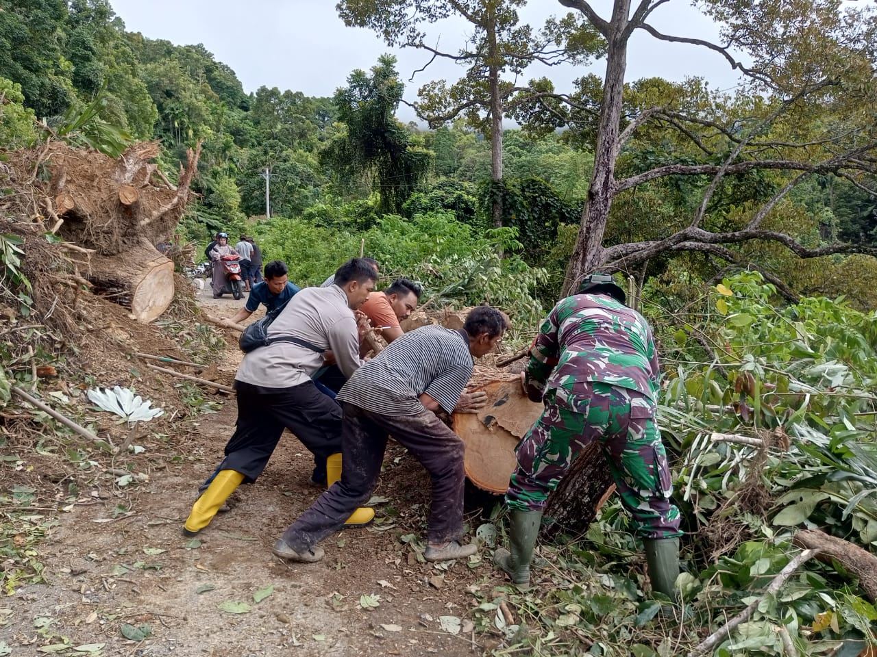 Polsek Tapaktuan Bersama Unsur Muspika Tapaktuan Dan Warga Gotong Royong Bersihkan Material Longsor