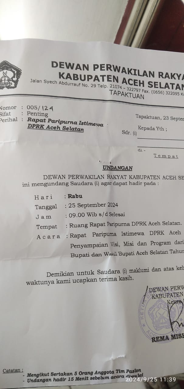 Ketua DPRK Aceh Selatan : Penyampaian visi misi dan program dari Pasangan calon Bupati dan wakil bupati Aceh Selatan Molor Karna Unsur Forkopimda Belum Hadir