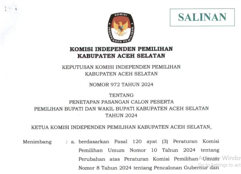 KIP Aceh Selatan Keluarkan SK Penetapan Bakal Calon Bupati dan Calon Wakil Bupati Aceh Selatan Tahun 2024