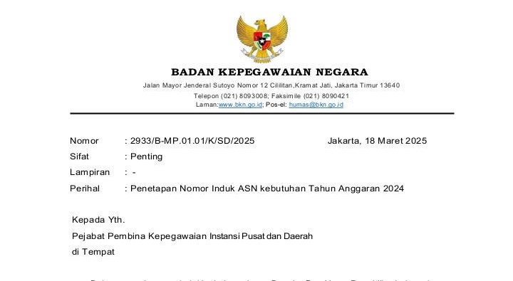 BKN Terbikan Surat Penetapan NIP CPNS dan PPPK 2024 Dimulai