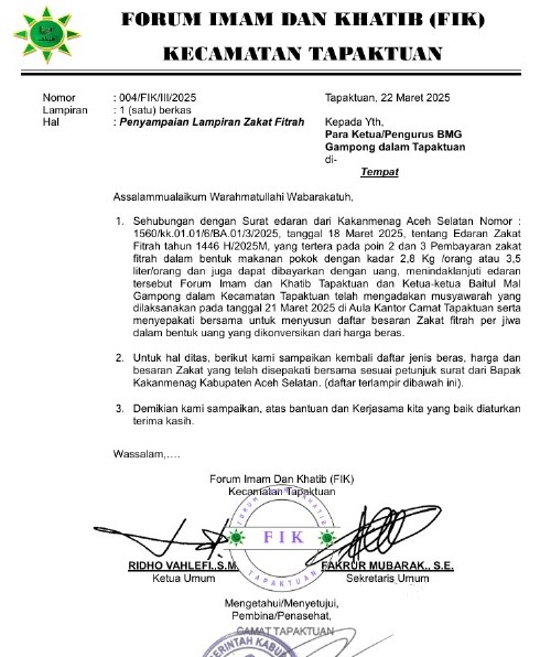 Forum Imam dan Khatib Kecamatan Tapaktuan Keluarkan Surat Edaran Mengenai Besaran Zakat Fitrah Tahun 1446 H / 2025 M