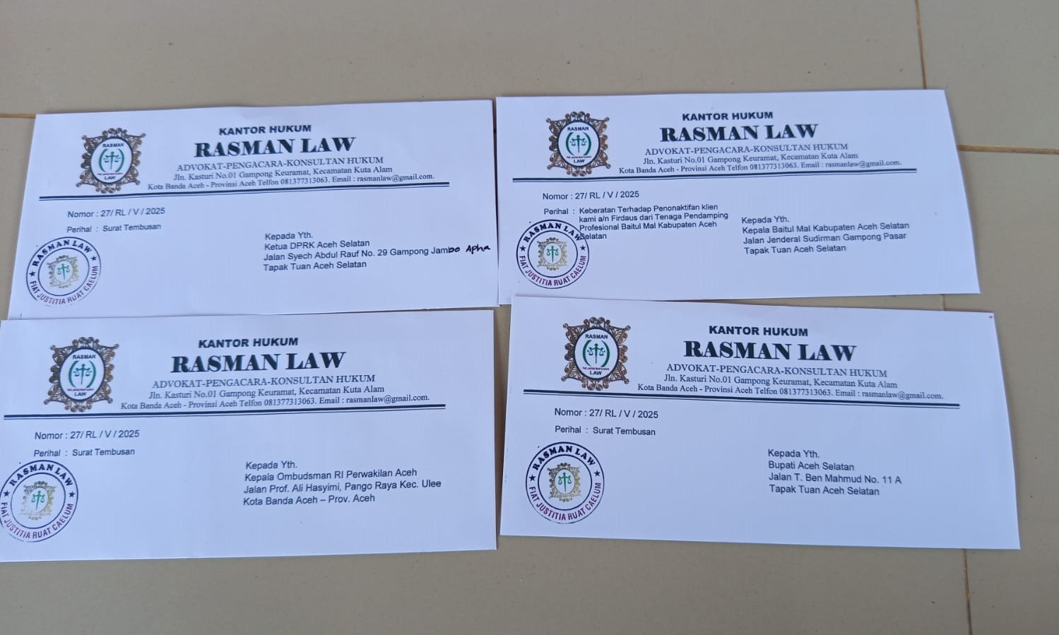 Kantor Hukum RASMAN LAW Pertanyakan Tentang Pemberhentian Kliennya Sebagai Tenaga Professional Pada Baitul Mal Aceh Selatan