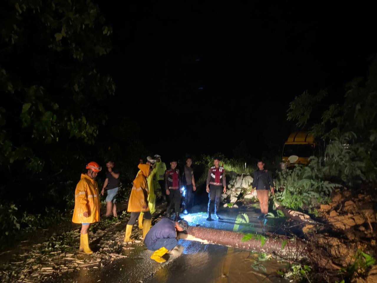 Tim Gabungan Polres Aceh Selatan Tanggap Cepat Atasi Tanah Longsor dan Pohon Tumbang Yang Menutupi Badan Jalan Nasional